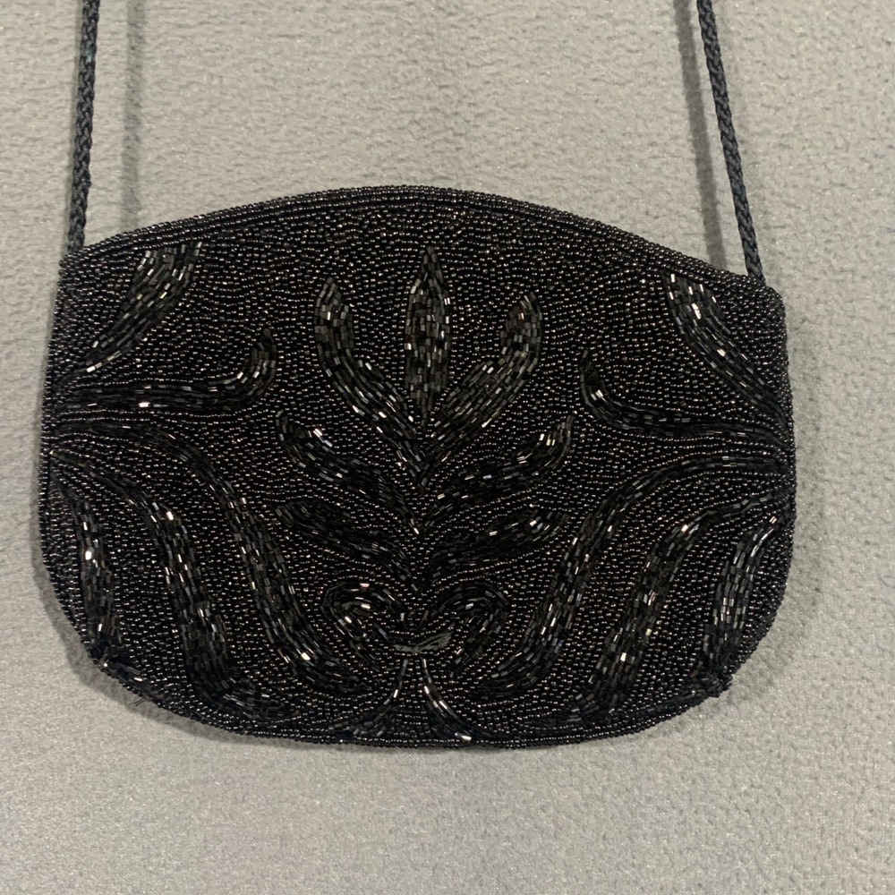 Bechamel Black Beaded Crossbody Shoulder Bag Evening Purse Vintage Style Gatsby